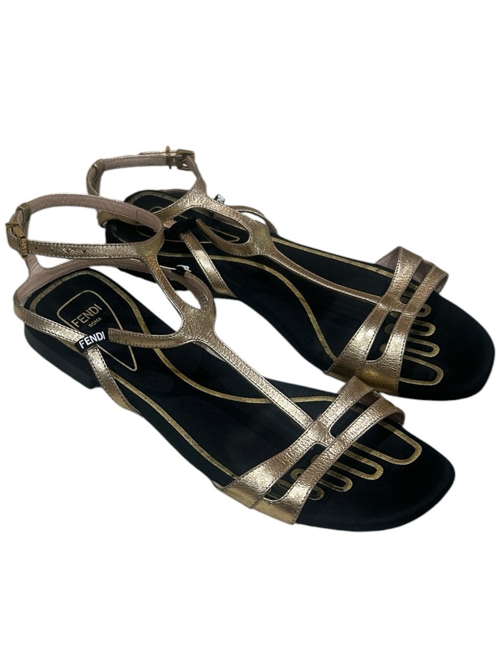 Fendi Roma gold metallic leather strappy flat sandal in dust bag EU 37.5